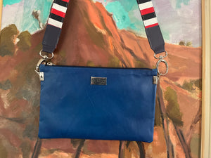Zara cross body bag featuring Sapphire blue Kangaroo leather