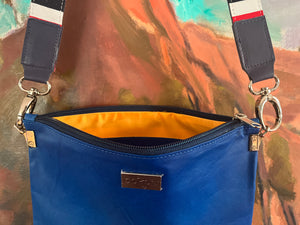 Zara cross body bag featuring Sapphire blue Kangaroo leather