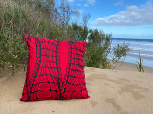 Ooroo Australia cushion featuring Crocodile by Aboriginal artist Aaron McTaggart -Merrepen arts