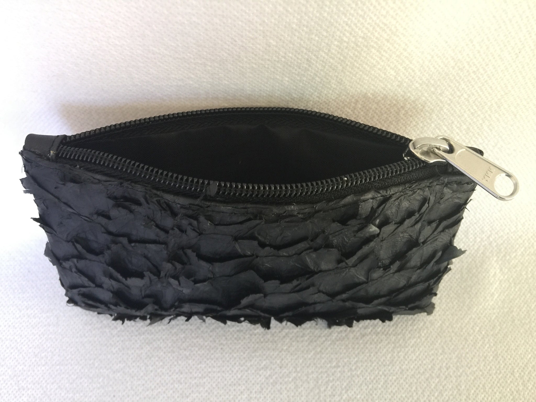 Lily purse featuring black ruffled barramundi from the kimberly WA