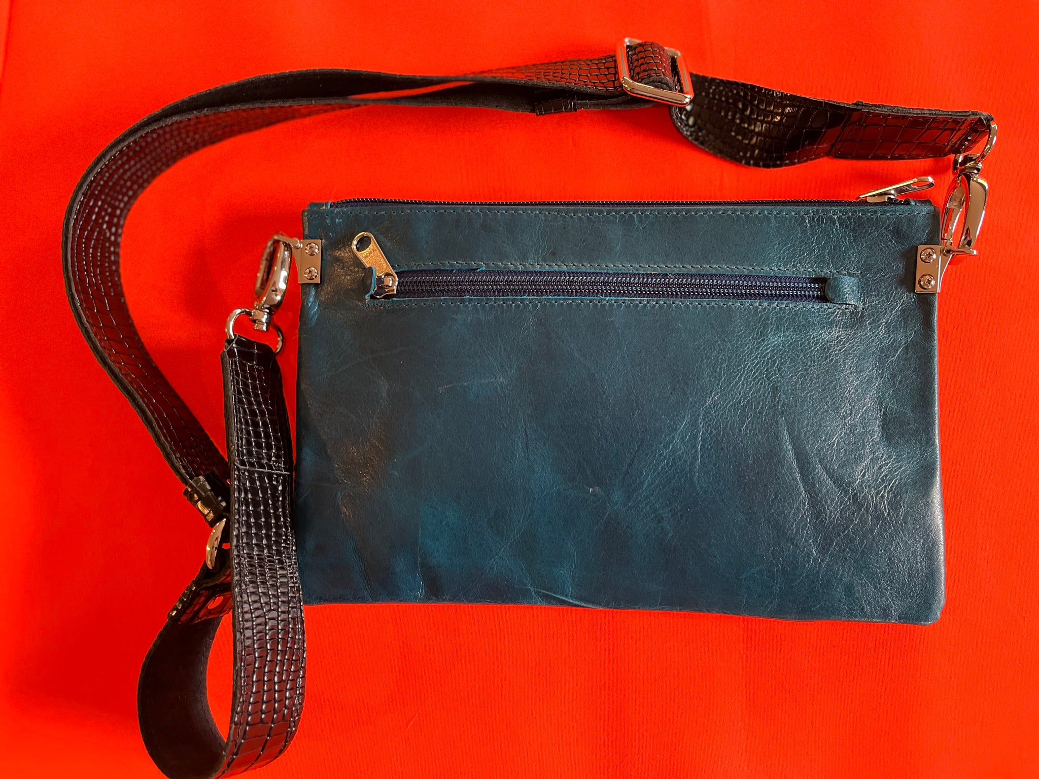 Zara crossbody bag featuring cobolt teal Kangaroo leather